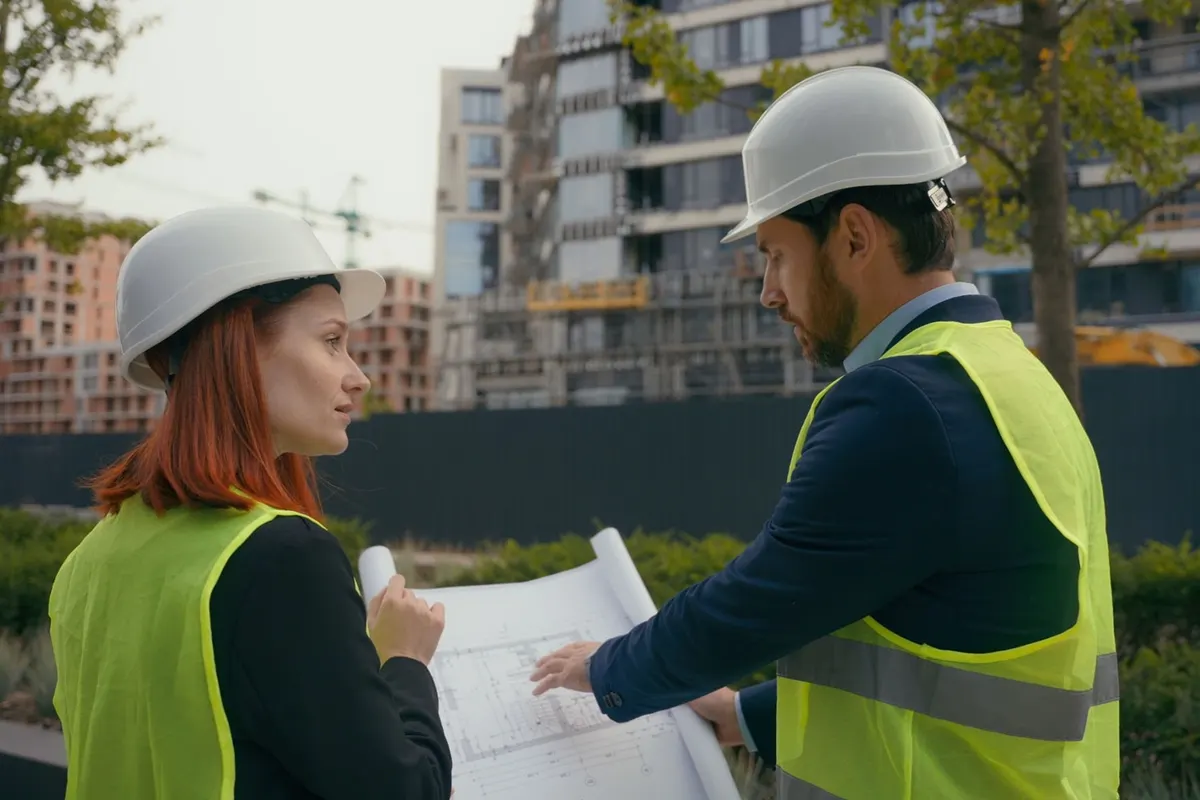 Dos técnicos con casco revisando los planos de una urbanización en obra